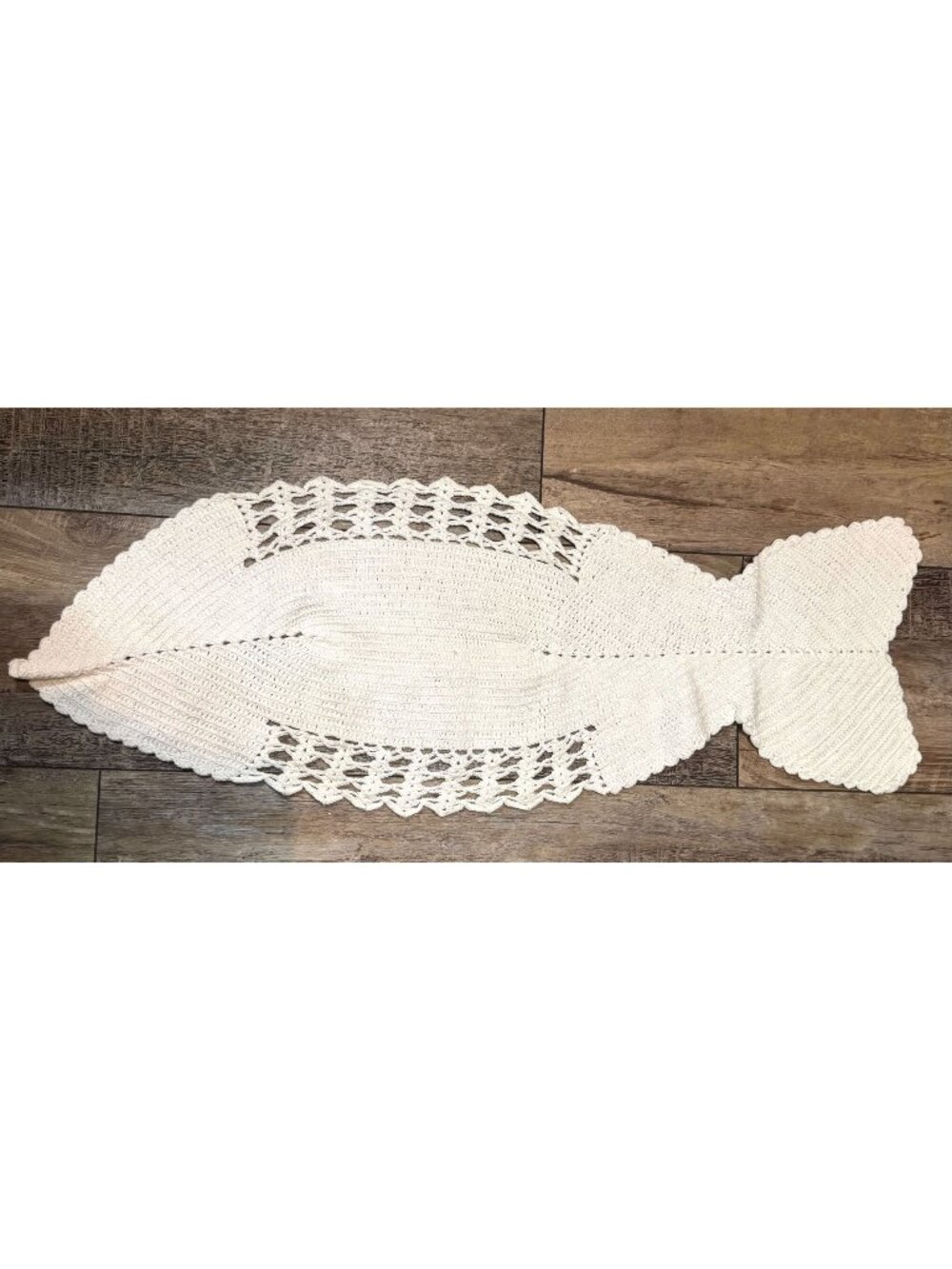 Handmade White Crochet Fish-Shaped Table With Intricate Detailing